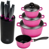 King 10tlg. Vorteilsset BERRY: 4tlg. Kochtopfset Aluguss Berry, 3xKochtöpfe in Ø16,Ø20,Ø24cm, 1xStieltopf Ø16cm + 6tlg. Messerset CARBON BERRY LINE, 5 Messer plus Messerblock