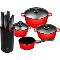 King 10tlg. Vorteilsset ROT: 4tlg. Kochtopfset Aluguss Rot, 3xKochtöpfe in Ø16,Ø20,Ø24cm, 1xStieltopf Ø16cm + 6tlg. Messerset CARBON RED LINE