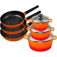 King 6tlg. Vorteilsset ORANGE: 3tlg. Kochtopfset Aluguss Orange, 3xKochtöpfe in Ø16,Ø20,Ø24cm +3x Bratpfannen in Ø20cm,Ø24cm,Ø28cm SHINE ORANGE