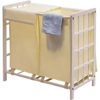 Mendler Wäschesammler HWC-B60, Laundry Wäschebox Wäschekorb, Massiv-Holz 2 Fächer 60x60x33cm 68l ~ shabby weiß, Bezug creme
