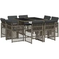 vidaXL 9-tlg. Garten-Essgruppe mit Kissen Grau Poly Rattan