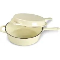 Echtwerk Schmortopf Grillpfanne 2-in-1 Set, Gusseisen Bräter mit Deckel, Gusseisentopf mit Emaille-Beschichtung BBQ Induktion Grau, 2,5 L, Farbe:Creme