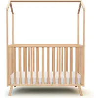 AT4 - Babybett hausbett Holz 60x120 KASA Buche Natur | 125,5 x 64 x 81,5 cm |Kinderbett | Gitterbett mit Lattenrost 3 Stufen Höhenverstellbar |Bett umbaubar zum Juniorbett