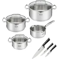 Tefal Topf-Set "G719S7_K2323S74 Duetto+ Ice Force", grau (edelstahl), B:30cm H:19cm L:54cm Ø:24cm, Töpfe, Topf-Set, rostfreier Edelstahl, Deckel m. Abgießfunktion, inkl. 3tlg. Messer-Set