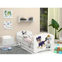 Happy Babies Kinderbett mit Rausfallschutz Junge 140x70 Bett für Kinderzimmer mit Schublade Matratze Einzelbett für Kinder Blau Hundemotiv