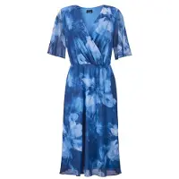 Goldner Wickelkleid mit Blütenprint in Blau, tailliert in blau / gemustert | Gr.: 42