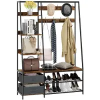 Coast Garderobenständer mit Bank, 9 Doppelhaken, 2 Stoffschubladen & Schuhregal, Industriedesign für Flur und Schlafzimmer.