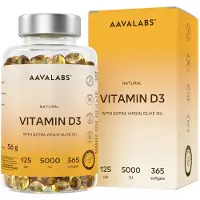 Aavalabs Vitamin D3 Hochdosiert Depot 5000 IU 365 Kapseln - Vitamin D3 5000 IE Mit kaltgepresstem nativem Olivenöl Extra für optimale Absorption |