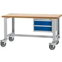 Schäfer Shop Werkbank, mobil, Unterbau, 2 Schübe & Zentralverschluss, bis 200 kg, B 1500 x T 700 x H 835 mm, w.alu RAL 9006/enz.blau RAL 5010