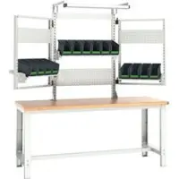 Bott Systemwerkbank cubio, mit Aufnahme- und Schwenkrahmen, Leuchte, Buche-Multiplexplatte, bis 800 kg, B 2000 x T 750 mm, Lichtgrau