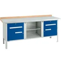 Schäfer Shop Kastenwerkbank PW 200-0, Buche Multiplexplatte, mit Stahlabdeckung, bis 750 kg, B 2000 x T 700 x H 840 mm, Enzianblau