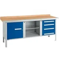 Schäfer Shop Kastenwerkbank PW 200-1, Buche Multiplexplatte, mit Stahlkante, bis 750 kg, B 2000 x T 700 x H 840 mm, Enzianblau