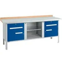 Schäfer Shop Kastenwerkbank PW 200-0, Buche Multiplexplatte, mit Stahlabdeckung, bis 750 kg, B 2000 x T 700 x H 840 mm, Enzianblau