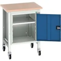 Bott Mobile Werkbank verso, Multiplex-Platte, 1 Tür & 1 Ablageboden, Rollen, B 700 x T 600 x H 930 mm, RAL 7035 Lichtgrau / Enzianblau