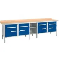 Schäfer Shop Kastenwerkbank PWi 300-0, Buche Multiplexplatte, mit Stahlkante, bis 750 kg, B 3000 x T 700 x H 840 mm, Enzianblau