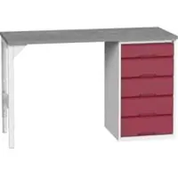 Bott Unterbauwerkbank verso, Linoleum-Platte, 5 Schubladen, B 1500 x T 600 x H 930 mm, Lichtgrau / Purpurrot