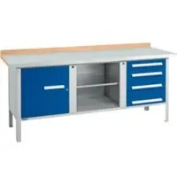 Schäfer Shop Kastenwerkbank PW 200-1, Buche Multiplexplatte, mit Stahlabdeckung, bis 750 kg, B 2000 x T 700 x H 840 mm, Enzianblau