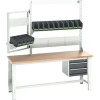 Bott Systemwerkbank cubio, mit Schubladen, Aufnahme- und Schwenkrahmen, Buche-Multiplexplatte, bis 800 kg, B 2000 x T 750 mm, Lichtgrau