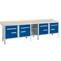 Schäfer Shop Kastenwerkbank PWi 300-0, Buche Multiplexplatte, mit Stahlabdeckung, bis 750 kg, B 3000 x T 700 x H 840 mm, Enzianblau