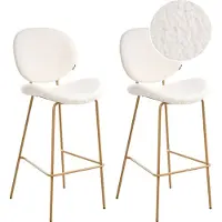 Beliani Barstuhl 2er Set Weiß Bouclé mit Metallgestell in Heller Holzoptik Hoher Lehne Fußstütze Retro Design für Esszimmer Küche Bar Wohnzimmer