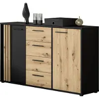 Forte CARDIGAN Kommode 150, moderne Kommode, 2-türig mit Lamellendesign, 4 Schubladen, Wohn-/Schlafzimmer, Artisan Eiche Holzdekor|Schwarz, 142,6 cm breit x 82,3 cm hoch x 34,3 cm tief