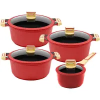 King 4/8tlg. Kochtopfset GOURMET ROT / Topfgrößen ca. Ø16, Ø18, Ø20, Ø24cm / aus Aluguss mit keramisch verstärkter Antihaftbeschichtung: XYLAN PLUS SILVER DIAMOND / Farbe: ROT
