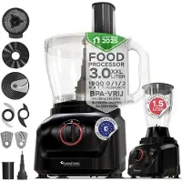 TurboTronic Küchenmaschine 1900 W – FP900 – 3-L-Schüssel, 1,5-L-Glas-Standmixer, Raspelscheiben, Zitruspresse, Zerkleinerer, Eiscrusher, multifunktional