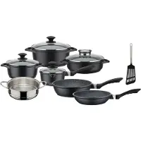 GSW Topf-Set "Gourmet Granit" Set, Kochtopf 20/24, Stieltopf 16, Pfanne 20/24, Bräter, Dampfeinsatz, 12 Stk. tlg. Aluminiumguss