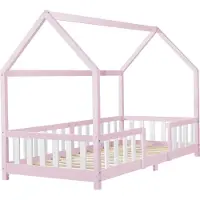En.casa Kinderbett ’Sisimiut’ in Haus-Optik mit Rausfallschutz Kiefernholz 90 x 200 cm Rosa / Weiß