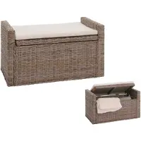 Mendler Sitzbank M92 Garderobenbank Bank Sitzhocker, mit Stauraum Kissen Kubu Rattan 88cm ~ grau-braun