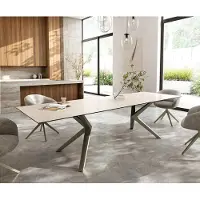 DELIFE Esstisch Edge 300x100 Keramik Laminam Travertino Bianco Creme-Weiß Zenthara kantig Metall Effektfinish Titan