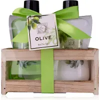 Accentra OLIVE Badeset in Holzbox, inkl. 190ml Duschgel, 190ml Körperlotion, Duft: Olive, Farbe: