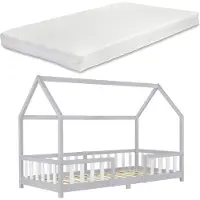 En.casa Kinderbett ’Sisimiut’ in Haus-Optik mit Matratze und Rausfallschutz Kiefernholz 90 x 200 cm Hellgrau / Weiß