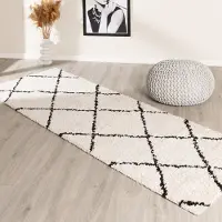 FRAAI Hochflor Läufer - Grand Lines Creme Schwarz 80x200 cm