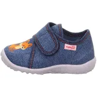 Superfit Hausschuh "SPOTTY, WMS: mittel", Kinder, Gr. 22, blau (jeansblau fuchs), Baumwolle, Schuhe Hausschuh, Kindergartenschuh mit Klettverschluss, Größenschablone zum Download