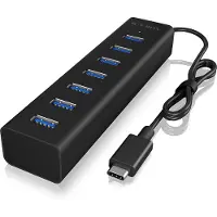 Icy Box IB-HUB1700-C3, Type-C zu 7-Port USB 3.2 Gen 1 Hub, Alu-Gehäuse, USB 3.2 Gen 1 (3.1 Gen 1) Type-C, USB 3.2 Gen 1 (3.1 Gen 1) Type-A, 5000 Mbit/s, Schwarz, Aluminium, 0,4 m