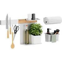 TESA Küchen-Organizer Kombi-Set XL - selbstklebende Küchenleiste, Kräutertopf, 2 Ablagen, Spül-Organizer, Messer- und Küchenrollenhalter, Hakenleiste inkl. 3 Haken - Montage ohne Bohren - Bambus/Weiß