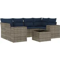 vidaXL 7-teiliges Gartensofa-Set mit Kissen, grau, Polyrattan