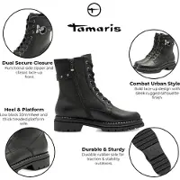 Tamaris Schnürstiefelette , Damen, Gr. 40, schwarz, Leder, Lederimitat, kontrastfarbene Details, unifarben, Schuhe Schnürstiefelette, Blockabsatz, Schnürboots mit nietenbesetzem Zierriegel