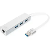 Digitus USB 3.0 3-Port Hub & Gigabit LAN-Adapter, USB 3.2 Gen 1 (3.1 Gen 1) Type-A, IEEE 802.3, IEEE 802.3ab, IEEE 802.3u, Silber, Weiß, USB 3.2 Gen 1 (3.1 Gen 1) Type-A, Aluminium, China