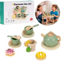 Springos Holzspielset - - Frühstücksset 14 Teile - Tablett, Teekanne, Tassen - Für Kinder ab 3 Jahren