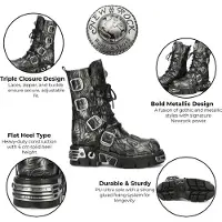 New rock M-591-C63 Halbhohe Gothic-Stiefel aus schwarzem Stahlleder mit Metallic-Effekt