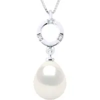 ATELIERS SAINT GERMAIN Halskette Schmuck Diamant 0,01 Karat Weißgold und echte Süßwasser-Zuchtperle Birne 9-10 mm