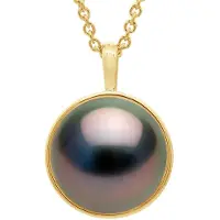 ATELIERS SAINT GERMAIN Halskette mit Perlenanhänger Gelbgoldumgebung mit Diamanten besetzt - Echte kultivierte Tahitiperle rund 10-11 mm