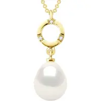 ATELIERS SAINT GERMAIN Halskette Schmuck Diamant 0,01 Karat Gelbgold und echte Süßwasser-Zuchtperle Birne 9-10 mm