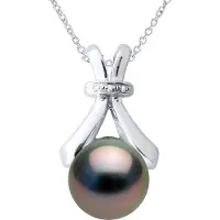 ATELIERS SAINT GERMAIN Halskette Schmuck Diamant 0,01 Karat Weißgold und echte Tahiti-Zuchtperle rund 7-8 mm