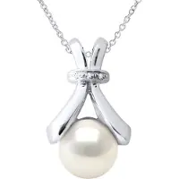 ATELIERS SAINT GERMAIN Halskette Schmuck Diamant 0,01 Karat Weißgold und echte Süßwasser-Zuchtperle Knopf 6-7 mm