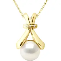 ATELIERS SAINT GERMAIN Halskette Schmuck Diamant 0,01 Karat Gelbgold und echte Süßwasser-Zuchtperle Knopf 6-7 mm