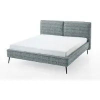 Meise Polsterbett Infinity 180x200 cm | Doppelbett | Bettgestell | Kopfteil in Kissenoptik | Webstoff Ozeanblau | Metallfuß schwarz