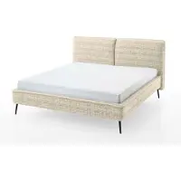 Meise Polsterbett Infinity 180x200 cm | Doppelbett | Bettgestell | Kopfteil in Kissenoptik | Webstoff Sand | Metallfuß schwarz